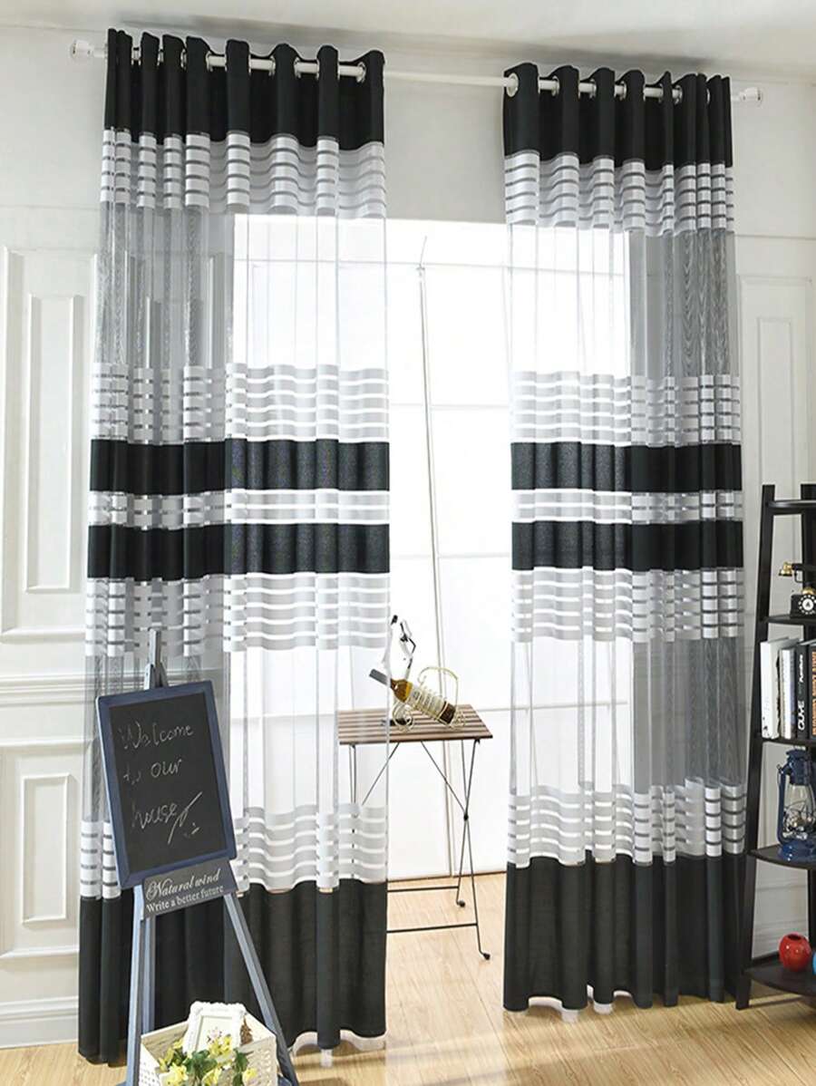 1 件现代简约黑白条纹薄纱窗帘适用于客厅卧室，家用窗帘适用于窗户