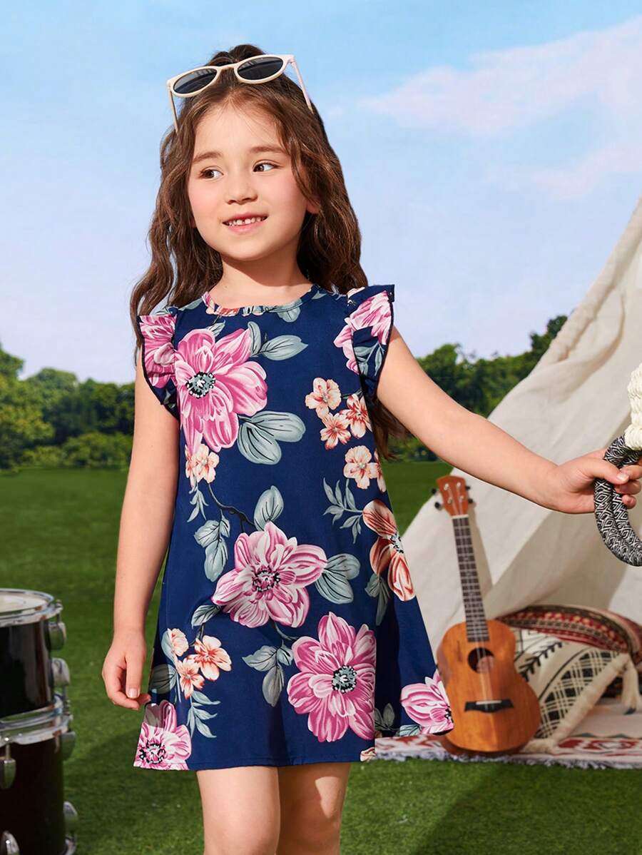 SHEIN 小女童印花荷葉邊連衣裙 - 彩色 - 查看 1