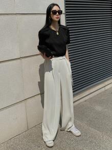 DAZY Chất rắn Vòng cổ Áo thun - màu đen - Xem 7