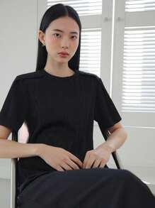 DAZY Chất rắn Vòng cổ Áo thun - màu đen - Xem 6