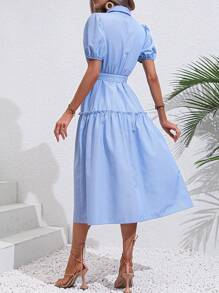 Chiquease Vestido camisero de manga farol bajo con fruncido con cinturón - Celeste - Ver 2