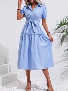 Chiquease Vestido camisero de manga farol bajo con fruncido con cinturón - Celeste - Ver 4