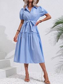 Chiquease Vestido camisero de manga farol bajo con fruncido con cinturón - Celeste - Ver 5