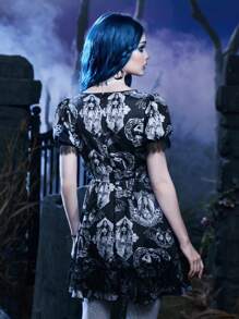 Corpse Bride | ROMWE Figure Graphic Contrast Lace Dress - Multicolor - View 3