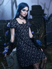 Corpse Bride | ROMWE Vestido estampado de cráneo de manga farol - Multicolor - Ver 1