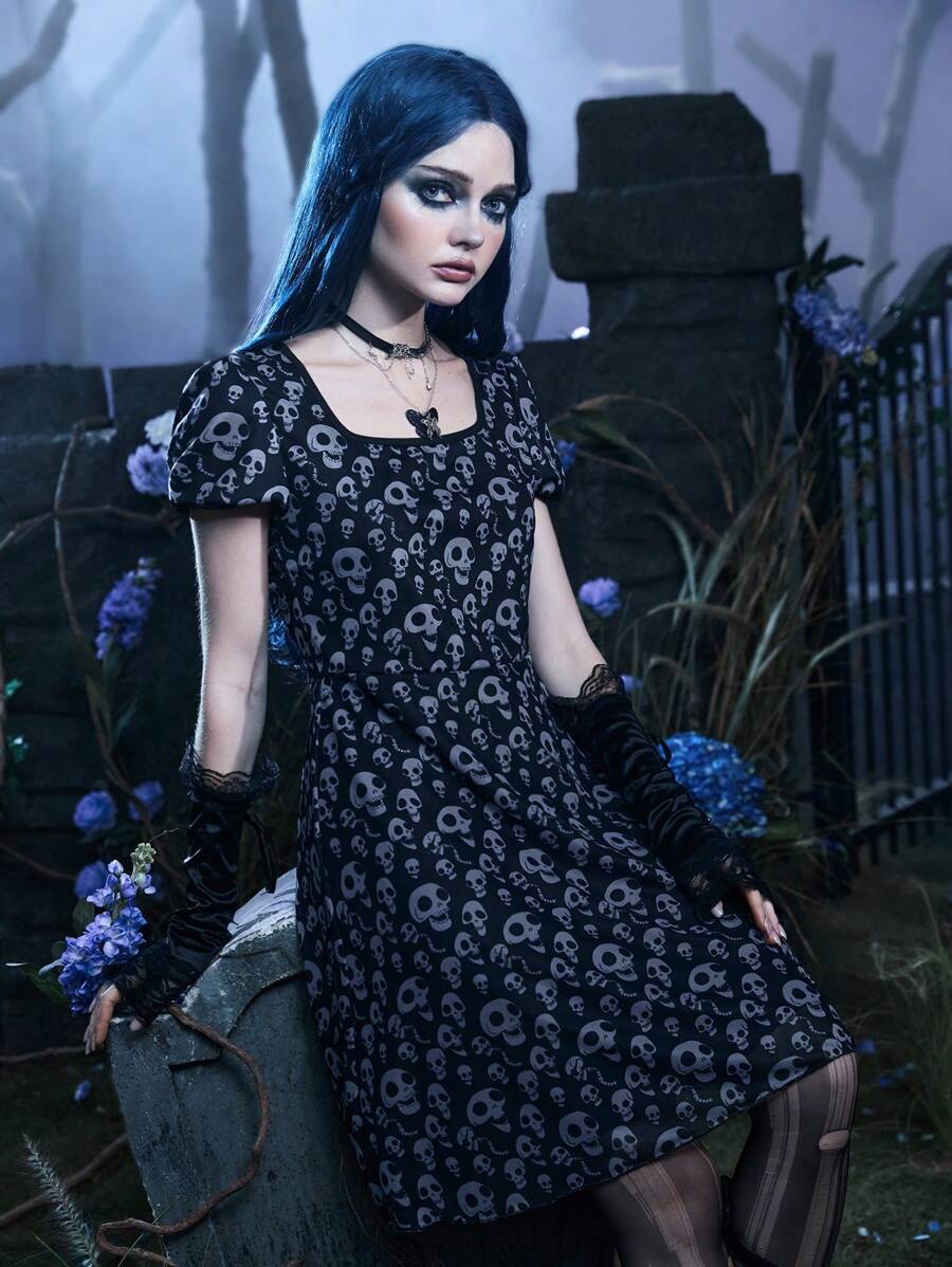 Corpse Bride | ROMWE Vestido estampado de cráneo de manga farol - Multicolor - Ver 1