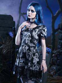 Corpse Bride | ROMWE Figure Graphic Contrast Lace Dress - Multicolor - View 4