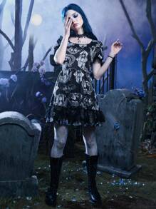 Corpse Bride | ROMWE Figure Graphic Contrast Lace Dress - Multicolor - View 5