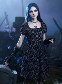 Corpse Bride | ROMWE Vestido estampado de cráneo de manga farol - Multicolor - Ver 2