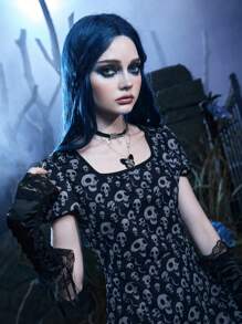 Corpse Bride | ROMWE Vestido estampado de cráneo de manga farol - Multicolor - Ver 4