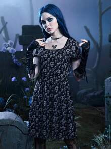 Corpse Bride | ROMWE Vestido estampado de cráneo de manga farol - Multicolor - Ver 5