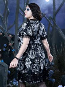 Corpse Bride | ROMWE Plus Figure Print Contrast Lace Dress - Multicolor - View 2