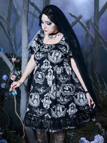 Corpse Bride | ROMWE Plus Figure Print Contrast Lace Dress - Multicolor - View 4