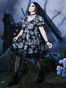 Corpse Bride | ROMWE Plus Figure Print Contrast Lace Dress - Multicolor - View 5