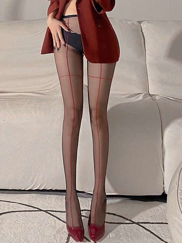 Sexy Black Tights With Red Horizontal & Vertical Lines, UltraThin and Sheer Stockings