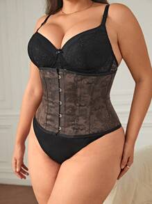 Plus Lace Up Back Lace Corset - Chocolate Brown - View 1