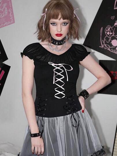 تي شيرت رباط امامي شبكة متباينة