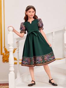 SHEIN Chicas Vestido con cinturón con estampado floral de manga farol - Verde Oscuro - Ver 1