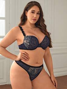 Set de lencería con encaje floral con aro - Azul Marino - Ver 3