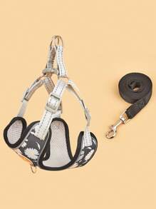 1入組花朵印花寵物背帶和1入組寵物牽引繩適用於狗狗適用於戶外 - 黑色 - 查看 2