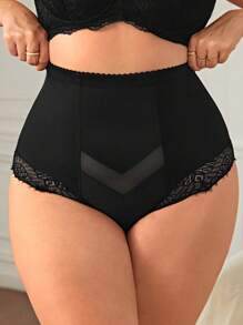 大碼蕾絲拼接高腰塑形三角褲 - 黑色 - 查看 1