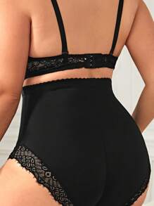 大碼蕾絲拼接高腰塑形三角褲 - 黑色 - 查看 2