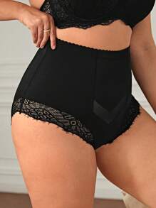 大碼蕾絲拼接高腰塑形三角褲 - 黑色 - 查看 3