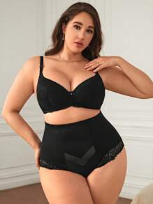 大碼蕾絲拼接高腰塑形三角褲 - 黑色 - 查看 4