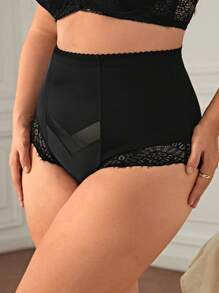 大碼蕾絲拼接高腰塑形三角褲 - 黑色 - 查看 5