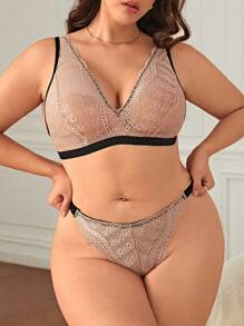 Plus Floral Lace Lingerie Set - Coral Orange - View 1