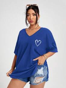 Flirla 大碼愛心圖案落肩T恤 - 寶藍色 - 查看 1