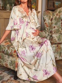 Maternity Floral Print Tie Front Flounce Sleeve Satin Nightdress For Mother, Pajama Dress - Apricot - View 1