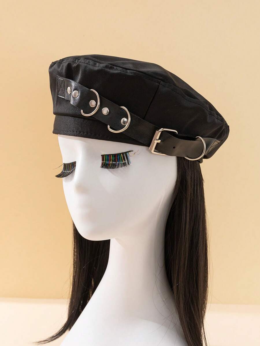 1pc Women Square Buckle & Studded Decor Fashion Beret For Daily Life - Black - View 1