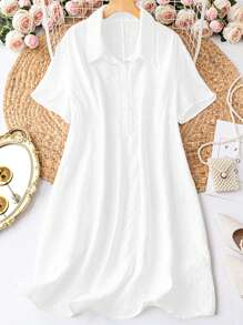 SHEIN LUNE Plus Solid Button Front Shirt Dress - White - View 1