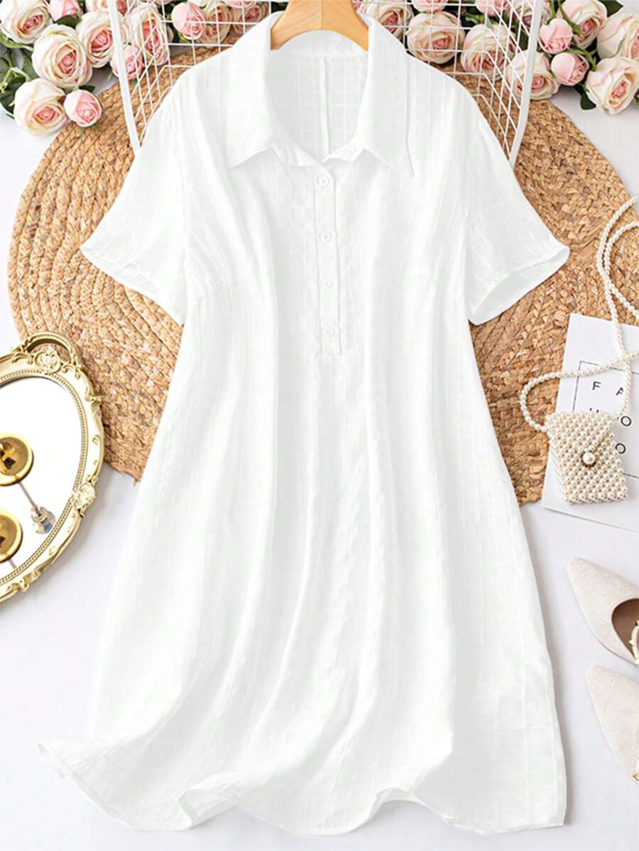 SHEIN LUNE Plus Solid Button Front Shirt Dress - White - View 1