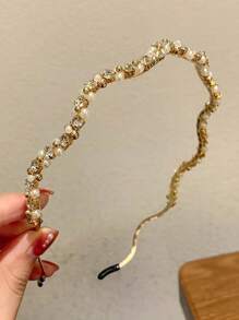 Elegant 1pc Women Faux Pearl & Rhinestone Decor Fashion Headband For Hair Decoration - Gold - View 4