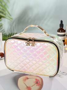 1 pieza Bolsa de maquillaje portátil acolchada blanca con bordado de viaje de gran capacidad, estilizada y simple, para mujeres y niñas, organizador de almacenamiento de maquillaje y estuche de maquillaje - Blanco - Ver 1