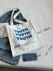 Letter Graphic Canvas Shopper Bag School Bag For Graduate, Teen Girls, Freshman, Sophomore, Junior & Senior In College, University & High School, Perfect For Outdoors,Travel & Back To SchoolSchool Bag,Back To School,Large Capacity,Classic Casual,Foldable,Portable, Suitable For Teen Girls Women College Students,White-Collar Workers, Perfect For Back To School,First Day Of School,Middle School, High School,Shopping, School Supplies, School Handbag, School Tote Bag, School Bookbag, Back To School Bags, Lightweight, Concert - White - View 4