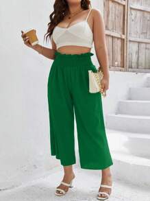 Calvaya Plus Paperbag Waist Wide Leg Pants - Green - View 1
