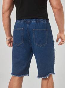 Manfinity LEGND Men Ripped Raw Hem Drawstring Waist Denim Shorts - Dark Wash - View 2
