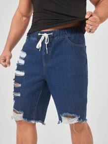 Manfinity LEGND Men Ripped Raw Hem Drawstring Waist Denim Shorts - Dark Wash - View 3