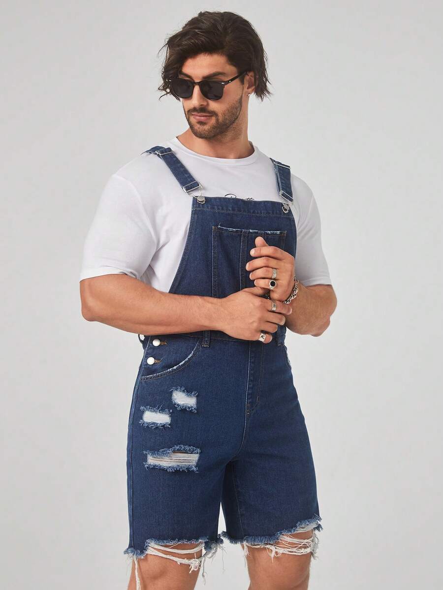 GENTILAND Men Ripped Raw Hem Denim Dungaree Romper Without Tee - Dark Wash - View 1