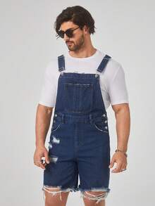 GENTILAND Men Ripped Raw Hem Denim Dungaree Romper Without Tee - Dark Wash - View 4