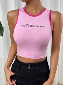 SHEIN EZwear Top tank crop con estampado de slogan unido en contraste - Rosa - Ver 3