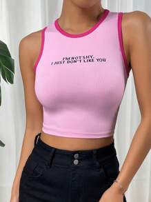 SHEIN EZwear Top tank crop con estampado de slogan unido en contraste - Rosa - Ver 6