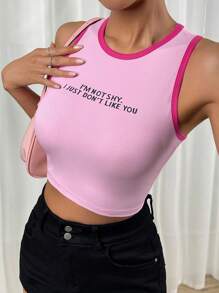 SHEIN EZwear Top tank crop con estampado de slogan unido en contraste - Rosa - Ver 7