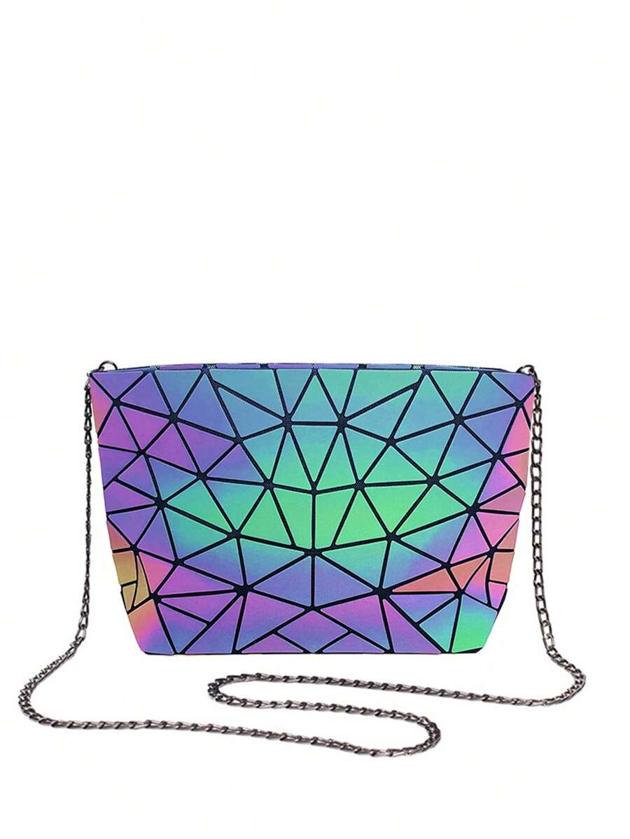 Medium Square Bag Geometric Pattern Chain Strap - Black - View 1