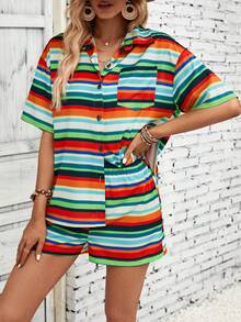 SHEIN LUNE Striped Print Drop Shoulder Shirt & Shorts - Multicolor - View 4