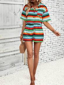 SHEIN LUNE Striped Print Drop Shoulder Shirt & Shorts - Multicolor - View 5