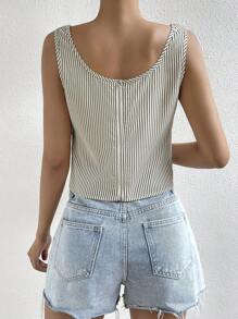 SHEIN Privé 条纹垂坠领背心 图案 T 恤 女式上衣 - 杏色 - 查看 2